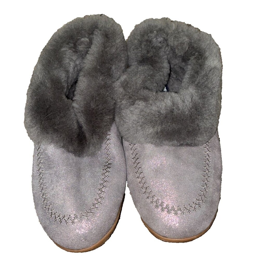 Lands End Gunmetal Metallic Suede Fuzzy Shearling Slippers Sheepskin Womens sz 9